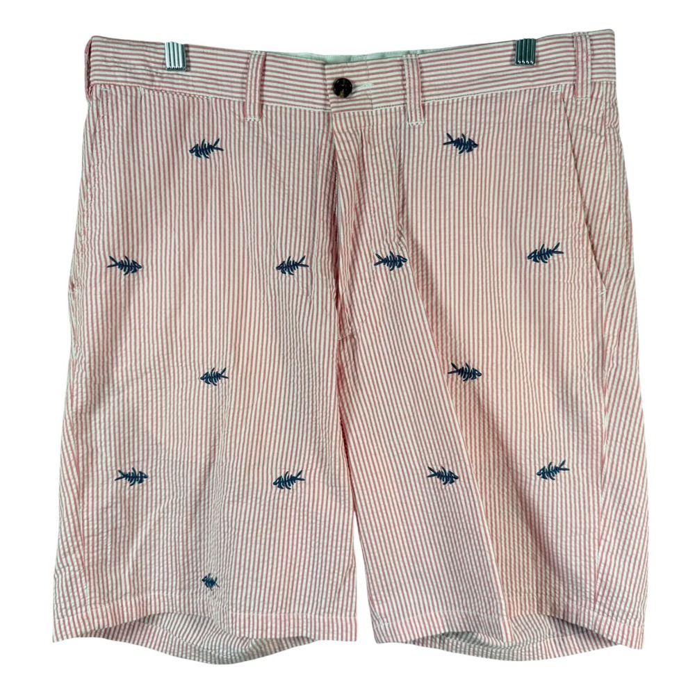 Castaway Nantuckit Seersucker Shorts Mens 34 Red Stripe Fish Bone Embroidered